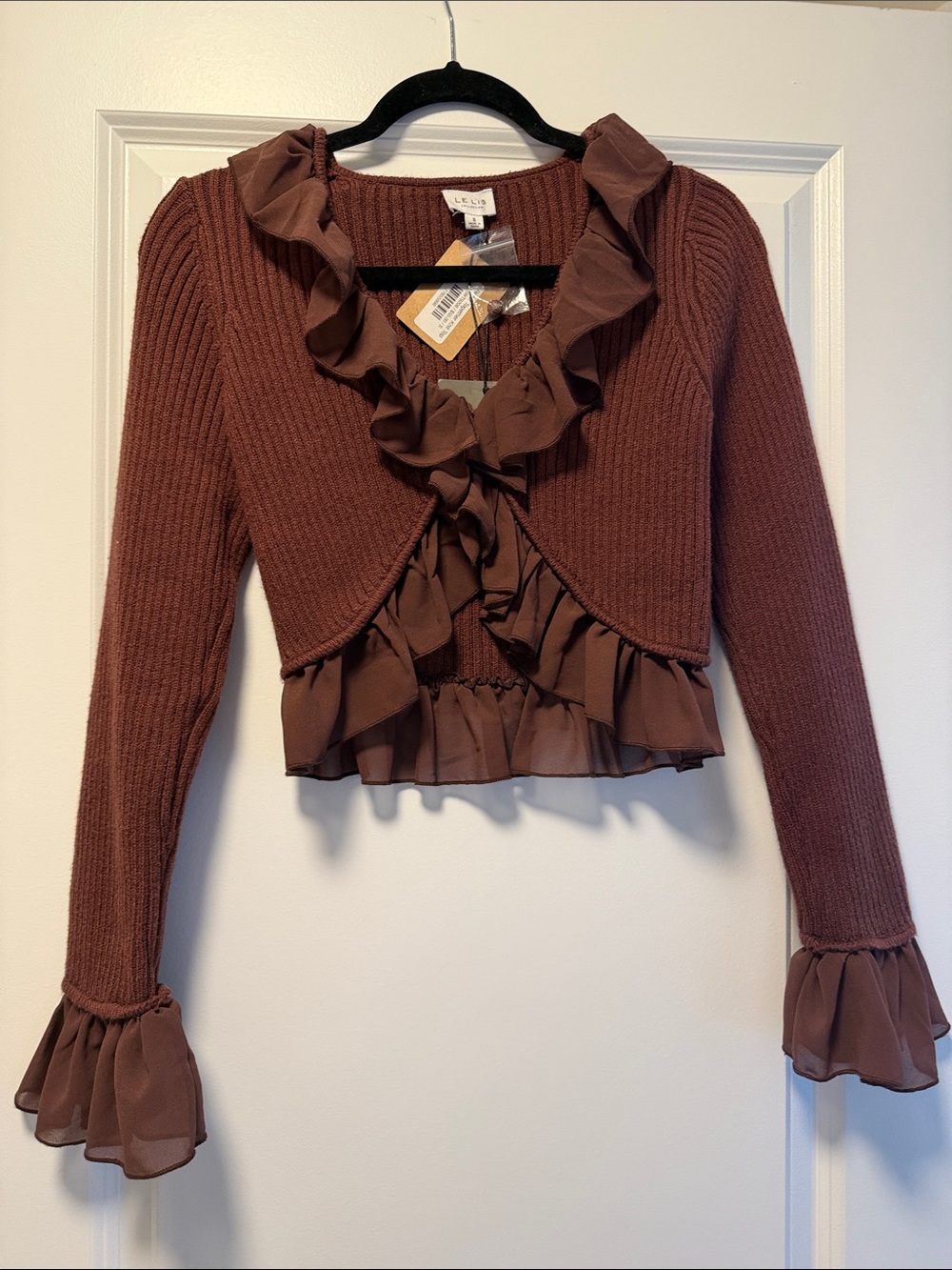 Brown Ruffled Cropped Bolero Sweater